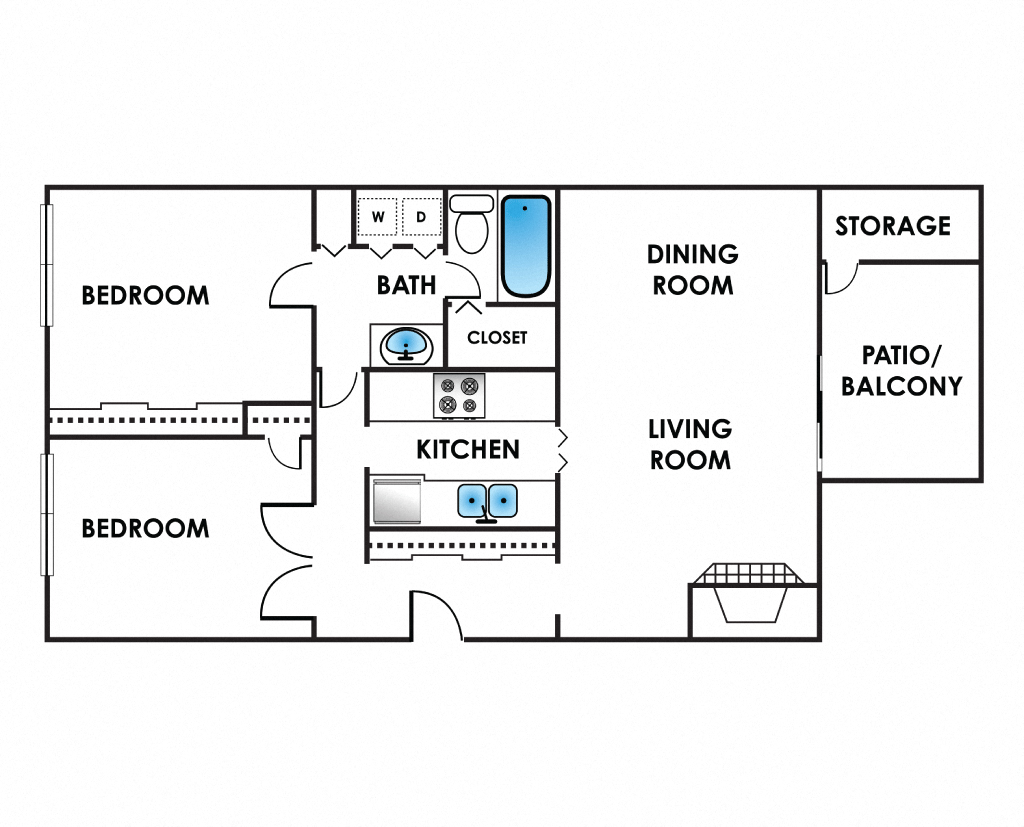 Floor plan for 2 beds, 1 bath, 1054 sqft